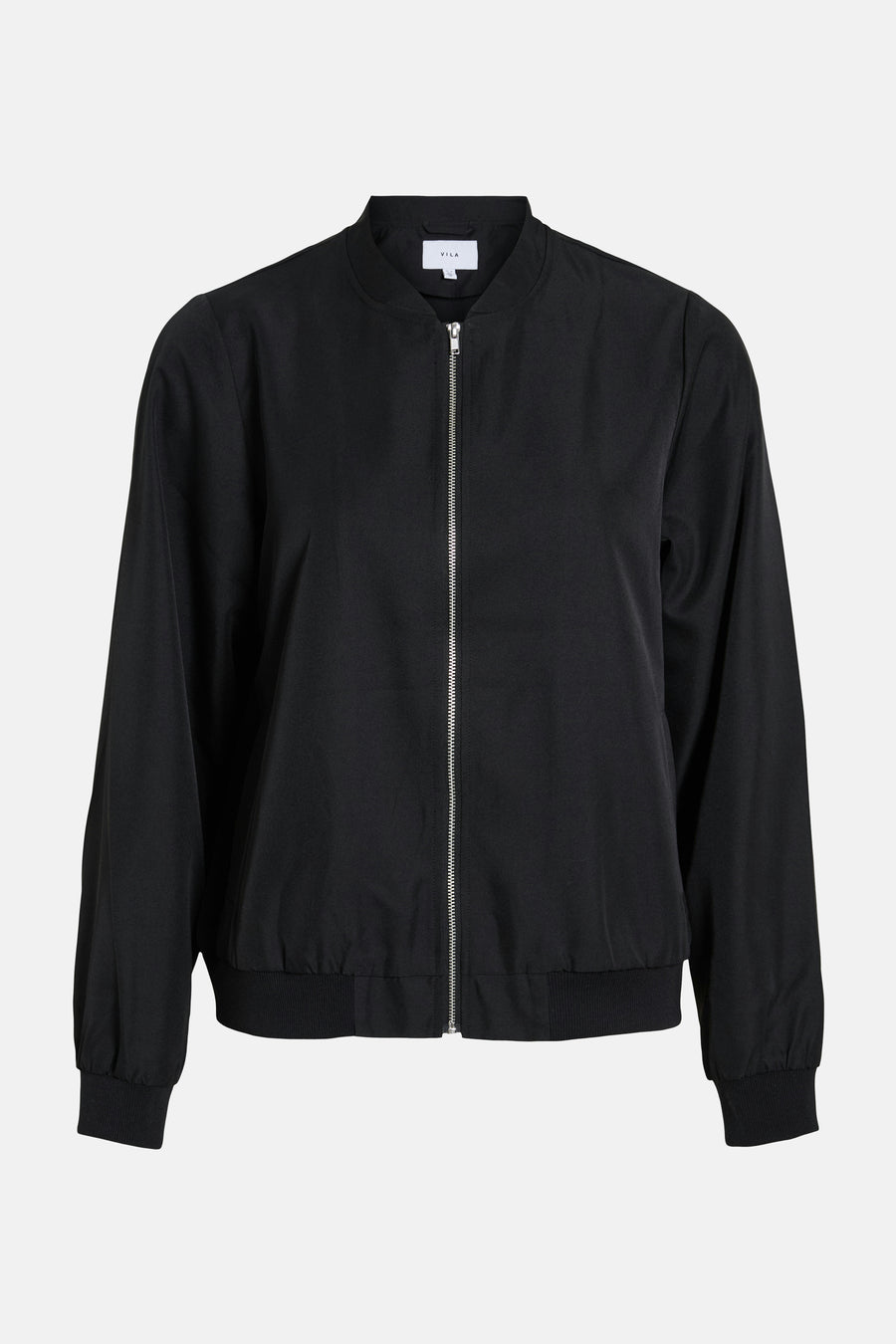Manteau noir de VILA® avec longues manches et fermeture éclair argentée à l'avant.