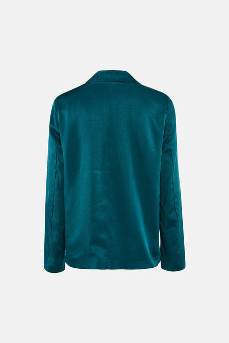 Blazer vert de VILA, confectionné en tissu brillant, montré de dos.