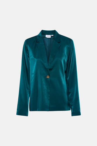 Blazer en satin vert émeraude de VILA avec revers, fermeture à un bouton et manches longues, posée à plat.