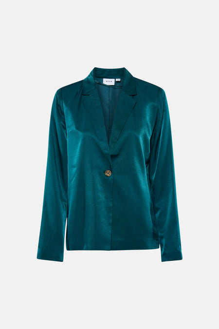 Blazer en satin vert émeraude de VILA avec revers, fermeture à un bouton et manches longues, posée à plat.