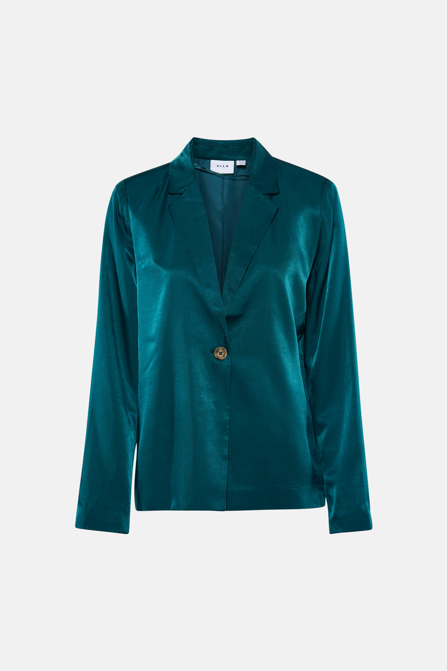 Blazer en satin vert émeraude de VILA avec revers, fermeture à un bouton et manches longues, posée à plat.