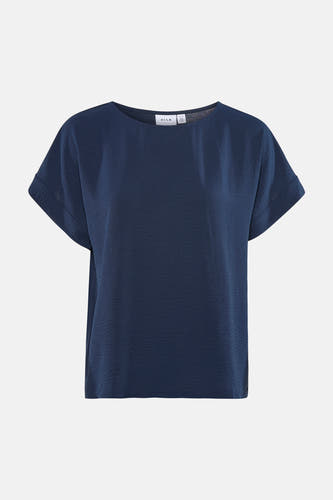 T-shirt bleu marine de VILA avec col rond, manches courtes retroussées et texture subtile.