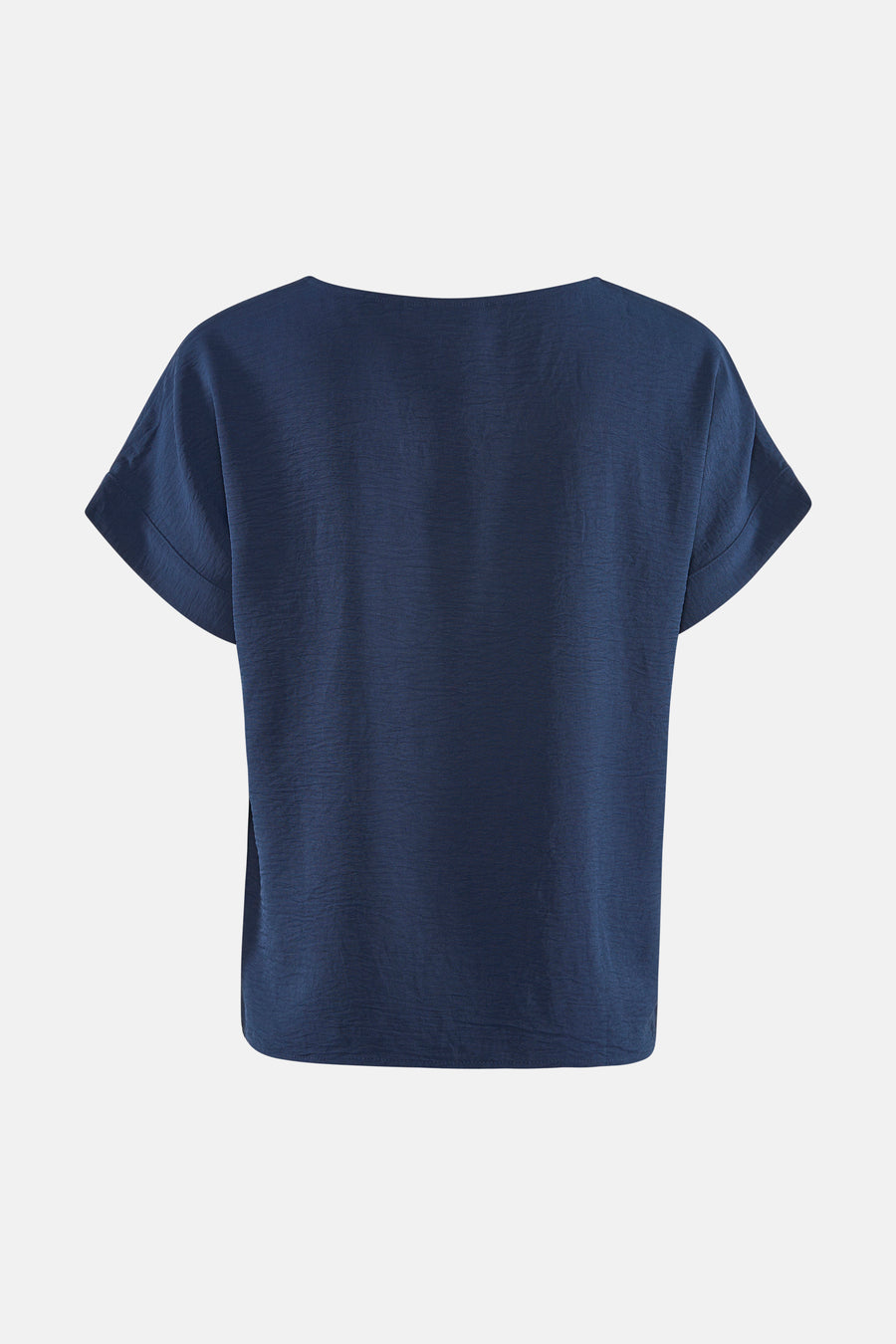 T-shirt bleu de VILA® avec tissu texturé, manches courtes retroussées et encolure large, vue arrière.