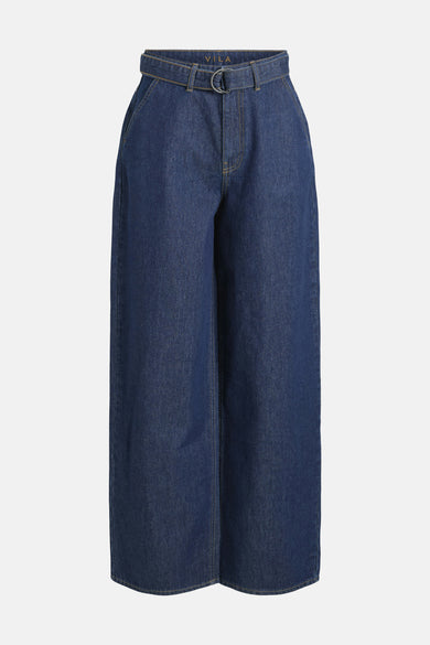 Jeans straight van donkerblauw denim van VILA®, met een riem met zilverkleurige gesp.
