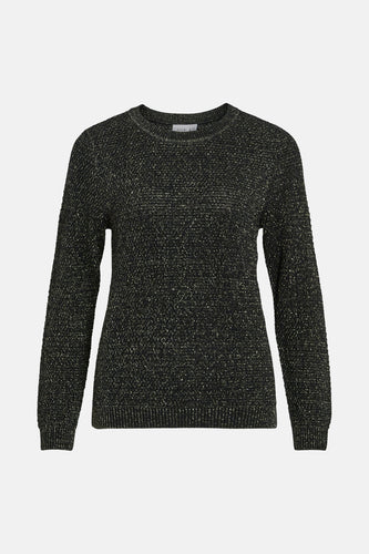 Zwarte trui met lange mouwen en gouden accenten.