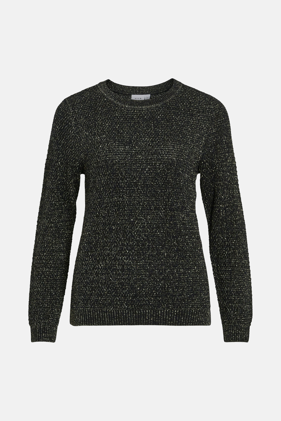 Zwarte trui met lange mouwen en gouden accenten.