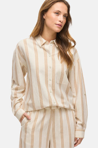 Chemise beige à longues manches de VILA®, avec des rayures verticales et une fermeture à boutons.