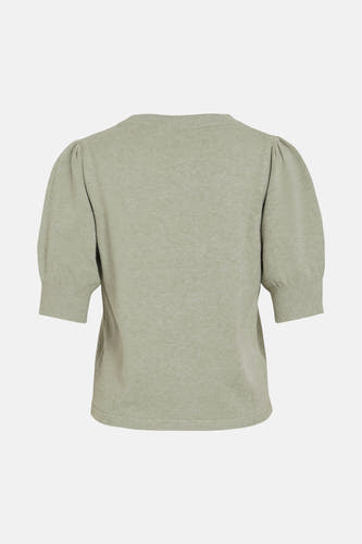 T-shirt vert de VILA® avec des manches bouffantes, col rond et fine texture tricotée, dos visible.