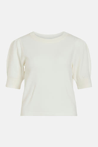 Pull blanc à col rond de VILA, avec des manches courtes bouffantes et des détails en maille côtelée.