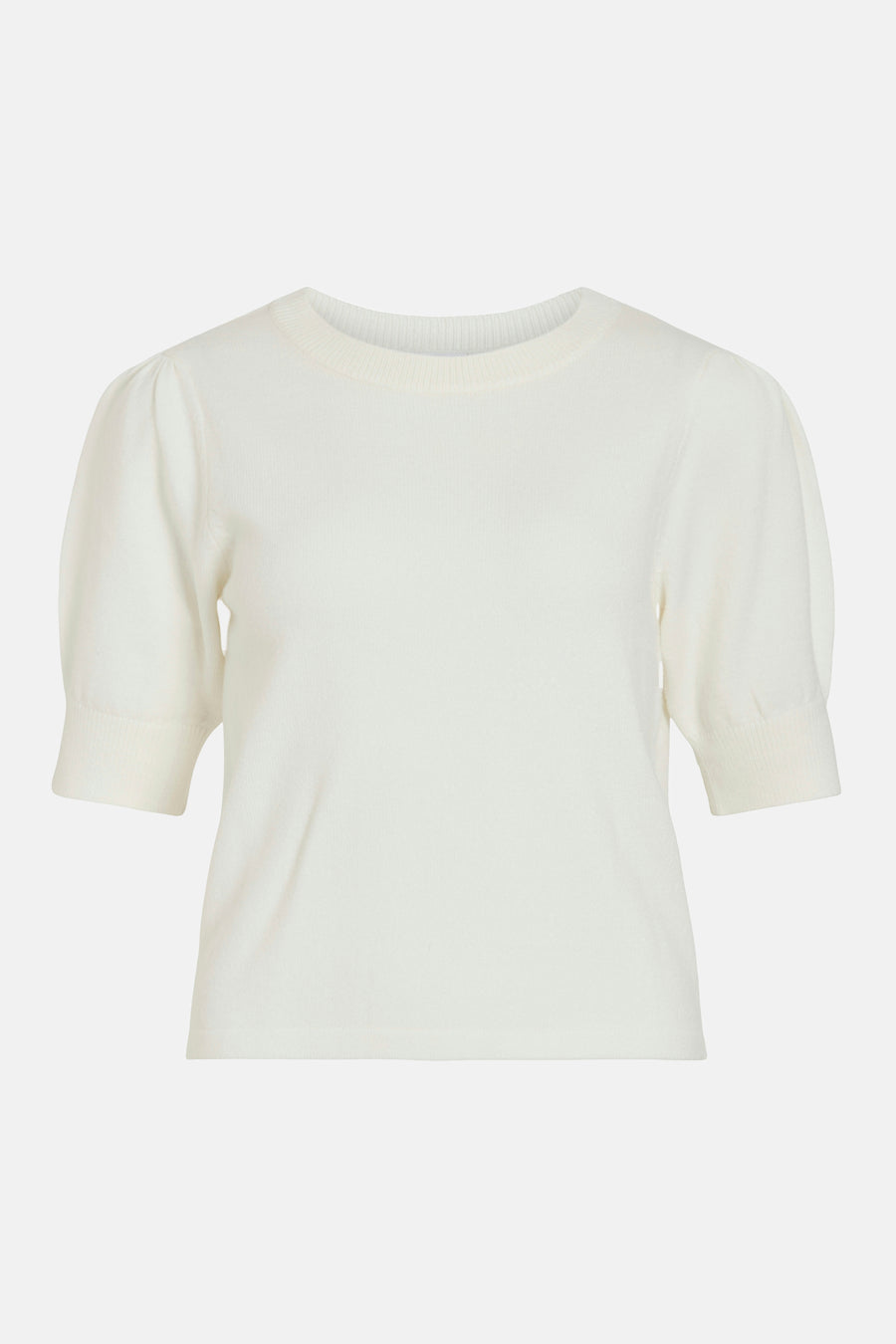 Pull blanc à col rond de VILA, avec des manches courtes bouffantes et des détails en maille côtelée.