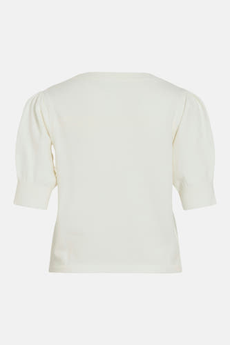 Pull blanc à col rond de VILA®, avec manches courtes bouffantes et tricot fin, dos.