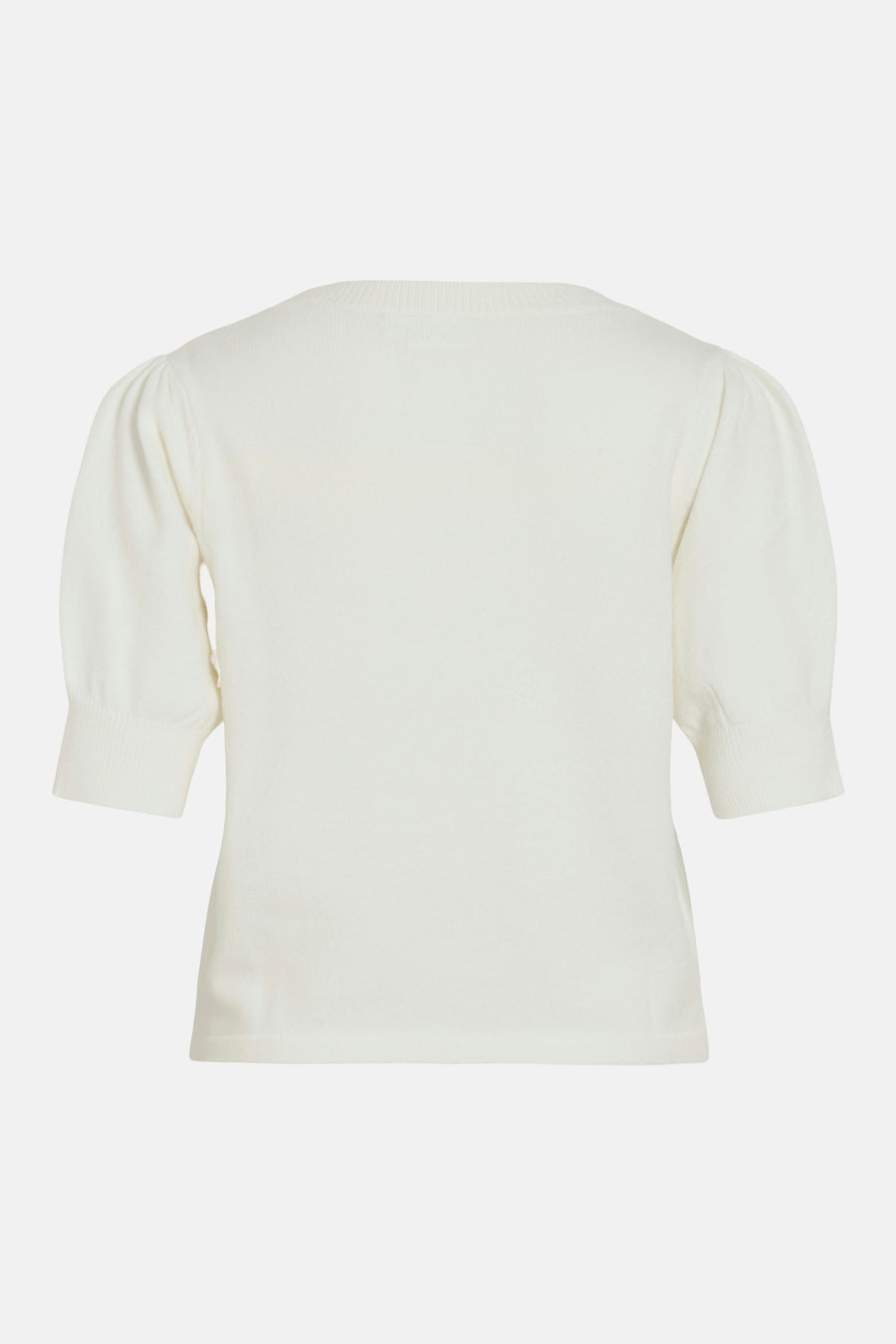 Pull blanc à col rond de VILA®, avec manches courtes bouffantes et tricot fin, dos.