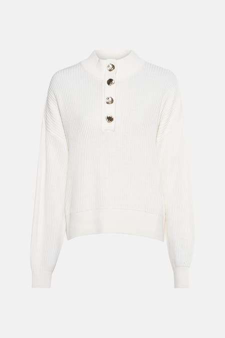 Pull-over blanc de VILA® avec des manches longues et un col subtil, vu par derrière.