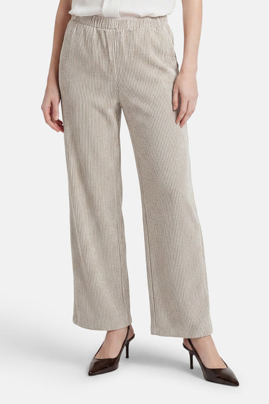 Geribbelde broek van VILA® in beige met witte verticale strepen, elastische tailleband en wijde pijpen.