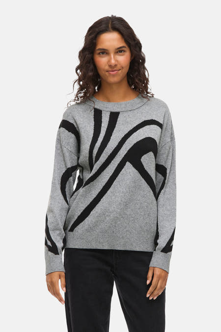 Sweat-shirt gris avec col rond de VILA® avec un motif d'onde noire abstrait sur le devant.