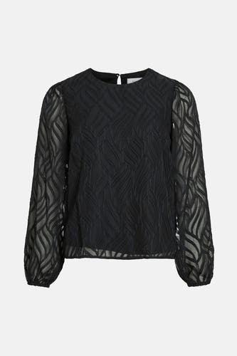 Blouse noire à longues manches de VILA, avec un motif de feuille et des manches transparentes.