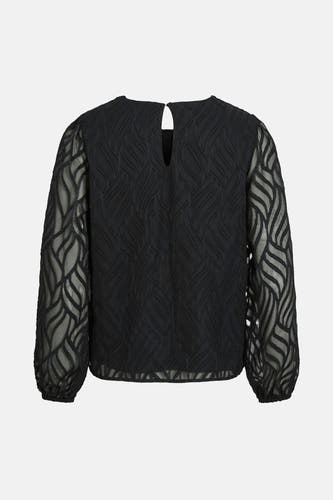 Blouse noire à manches longues de VILA®, avec un motif de texture ondulé et des manches transparentes.