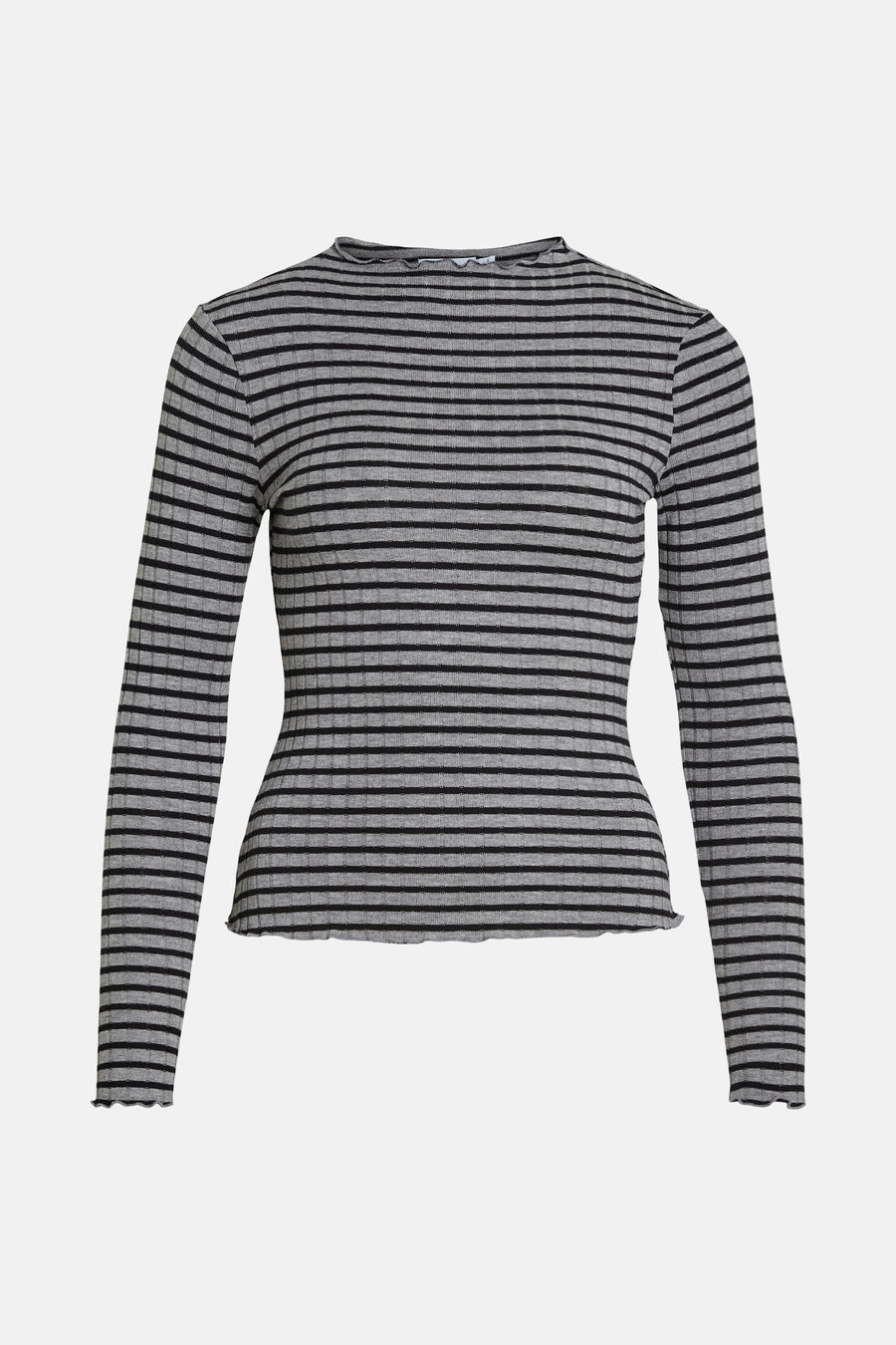 T-shirt gris rayé à manches longues de VILA®, avec une coupe ajustée et un col en v.