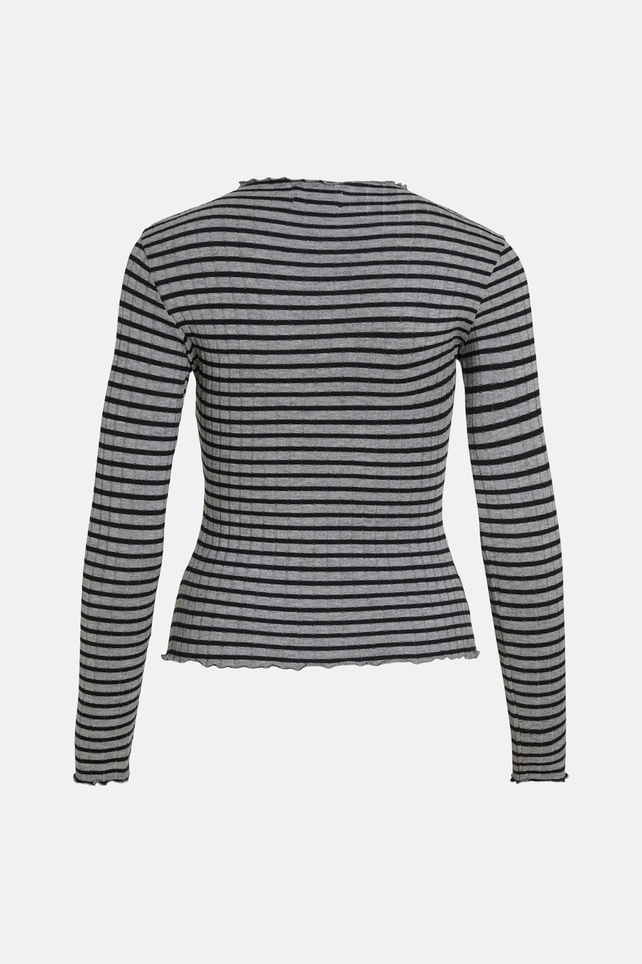 T-shirt gris rayé à longues manches de Vila, avec une texture côtelée et des bords ondulés.