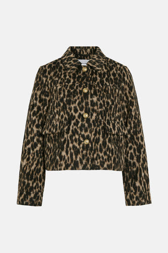 Manteau court brun de VILA avec un imprimé léopard et des boutons dorés.