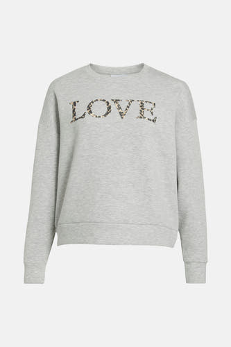 Gilet gris de VILA avec imprimé léopard "LOVE" sur l'avant.