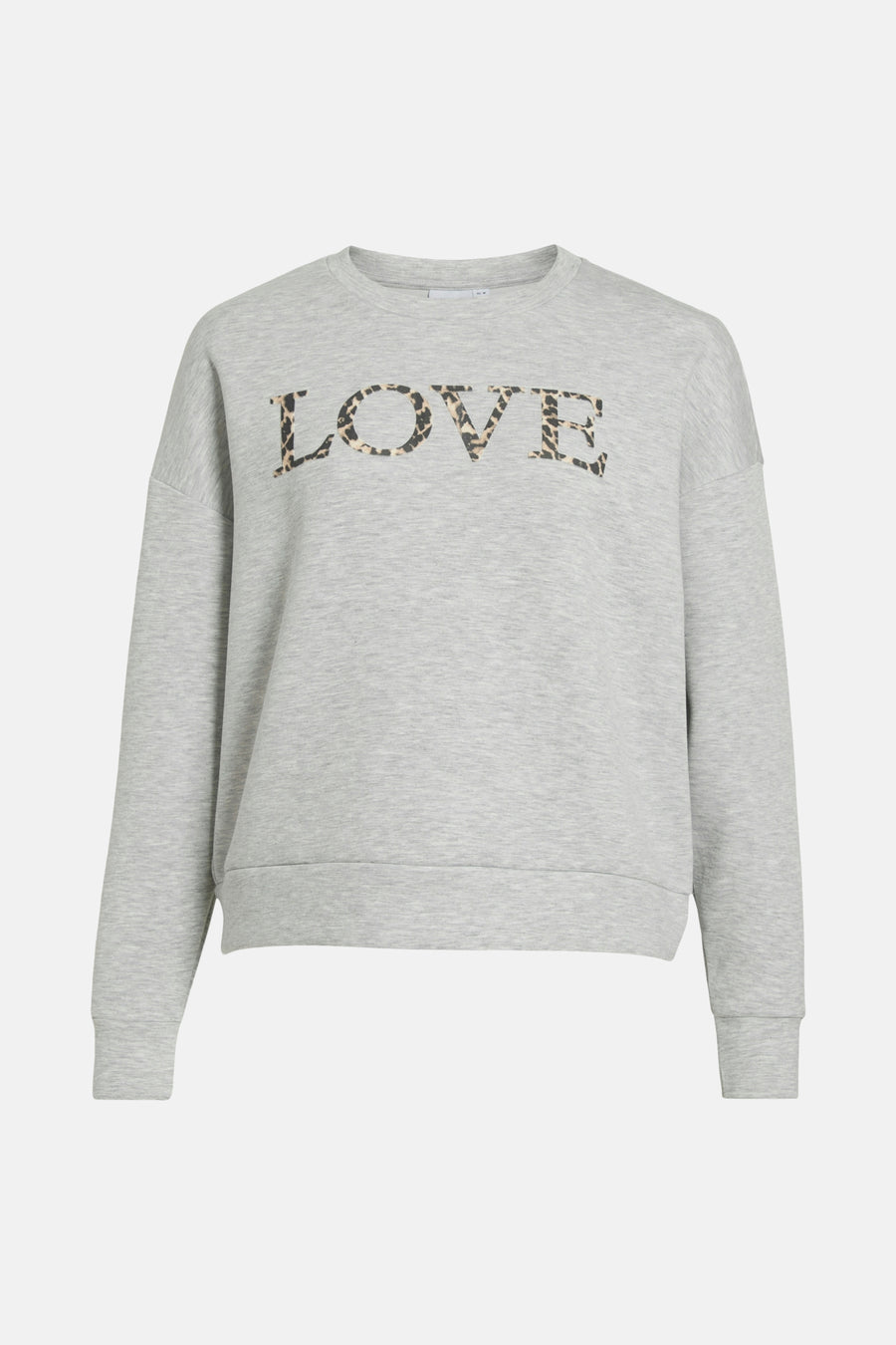 Gilet gris de VILA avec imprimé léopard "LOVE" sur l'avant.
