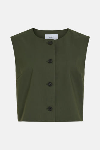 Gilet vert de Vila, avec une fermeture à boutons devant et un design sans manches.
