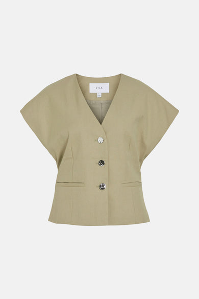 Gilet vert de VILA avec des manches courtes et des boutons argentés.