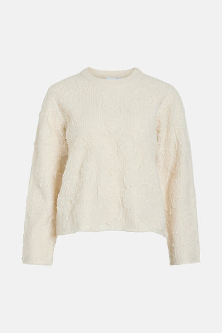 Pull écru à col rond de VILA® avec motif floral et longues manches.