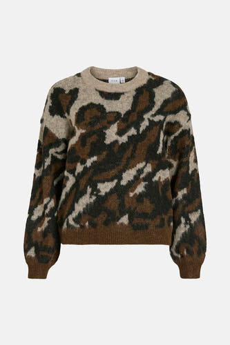 Pull marron avec col rond de VILA, imprimé zèbre en tons marrons et manches longues.