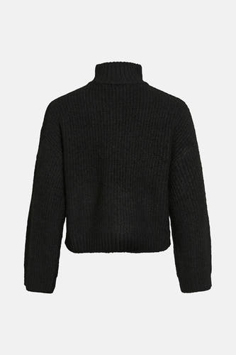 Sweat-shirt noir de VILA, avec un col haut et une structure à côtes grossières, sur un fond blanc.