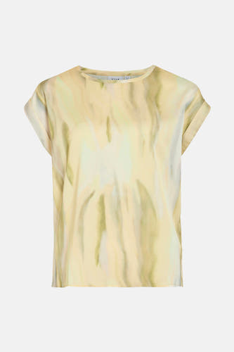 T-shirt jaune à manches courtes de VILA, avec un motif flou et abstrait dans des tons verts et crème.