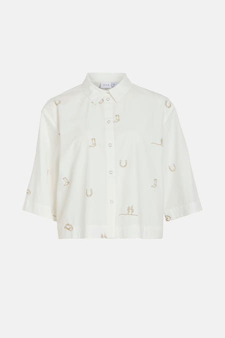 Chemise blanche à manches courtes de VILA®, ornée de motifs brodés de cowboys.
