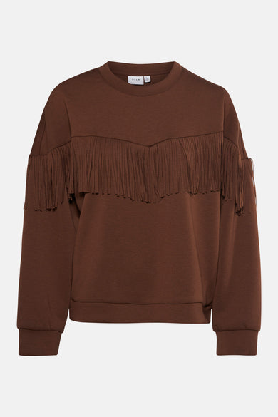 Gilet marron de VILA, avec des franges décoratives sur la poitrine et les manches.