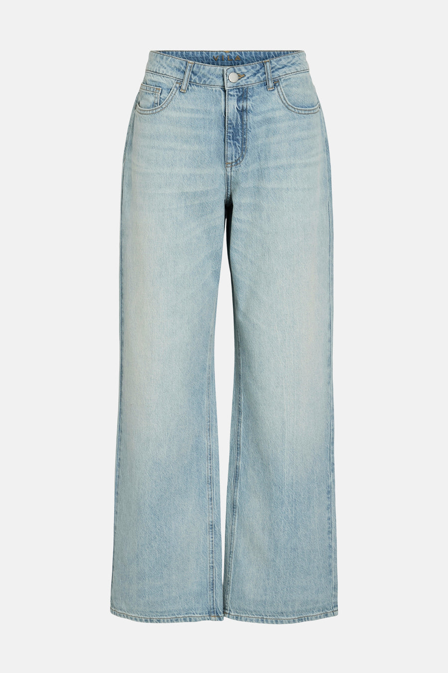 Jean bleu clair large de Vila avec une taille haute et une structure denim classique.