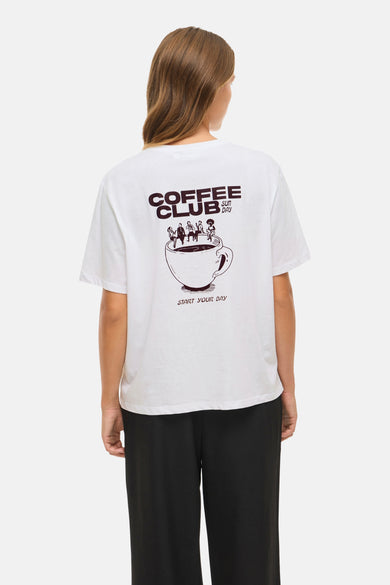 T-shirt blanc à manches courtes de VILA®, avec un imprimé de tasse de café et le texte 'Coffee Club'.
