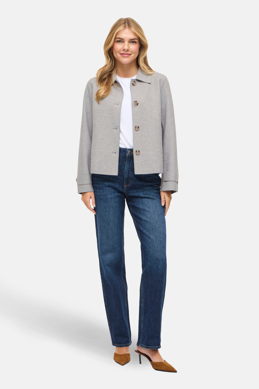 Model in een grijze jas, blauwe jeans en bruine hakken.