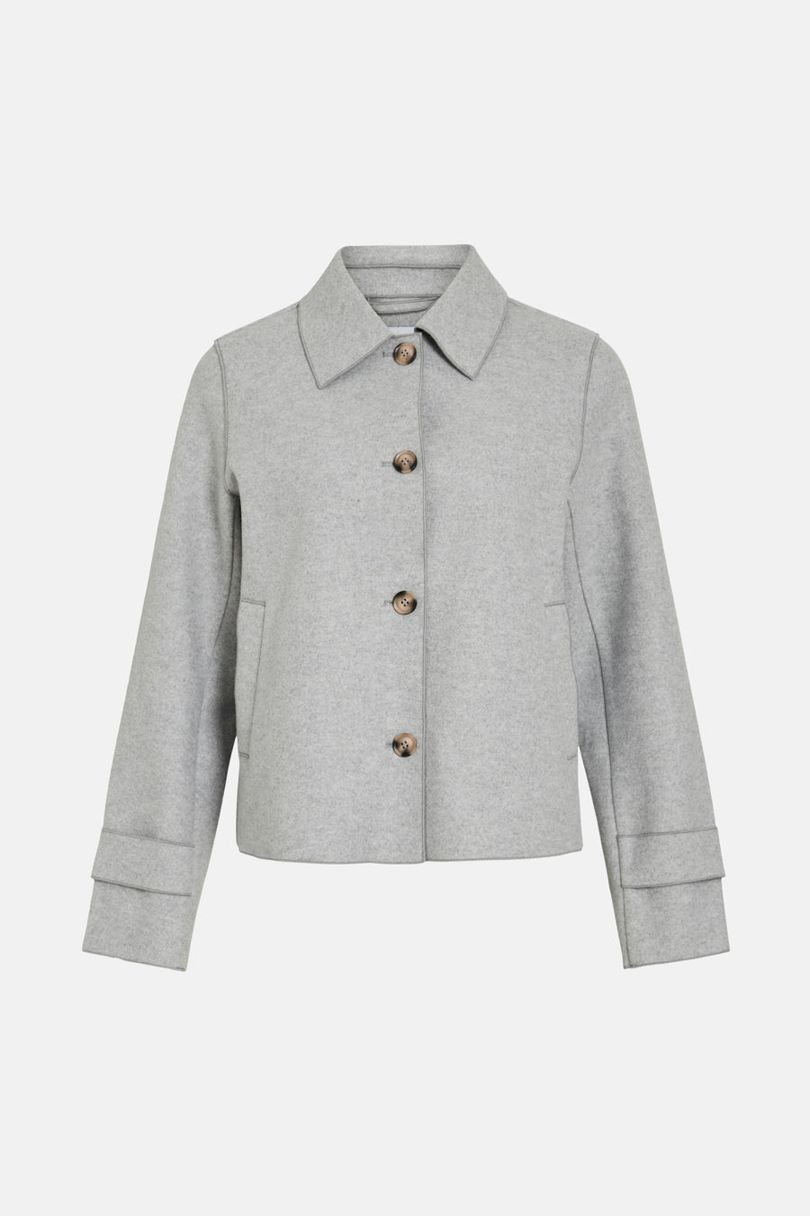Grijs wollen jasje met knopen.