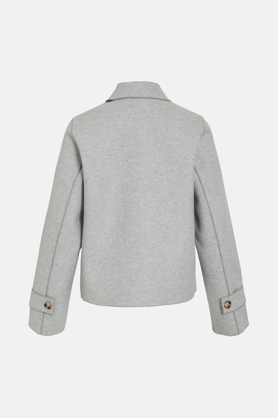 Grijze wollen jas, achterkant.