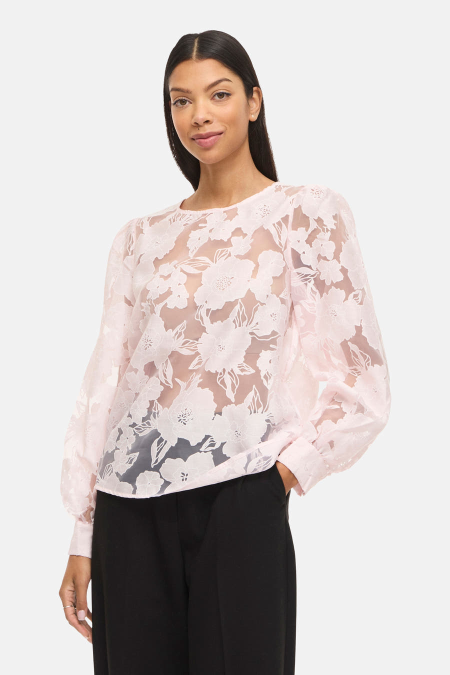 Roze blouse met lange mouwen van VILA®, met een doorschijnende bloemenprint.