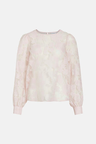 Chemisier rose à manches longues de VILA, avec un motif floral et des manches bouffantes.