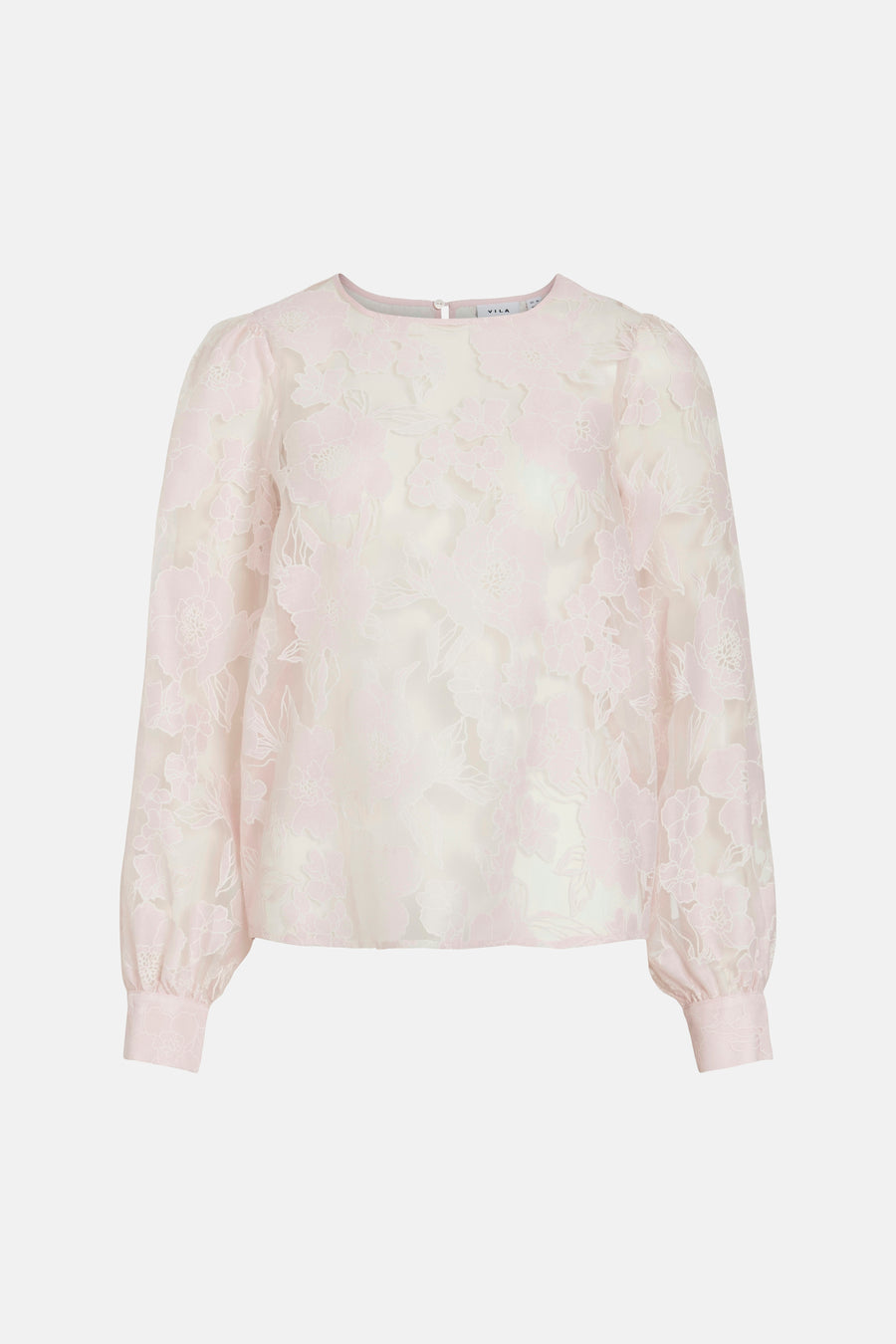 Chemisier rose à manches longues de VILA, avec un motif floral et des manches bouffantes.