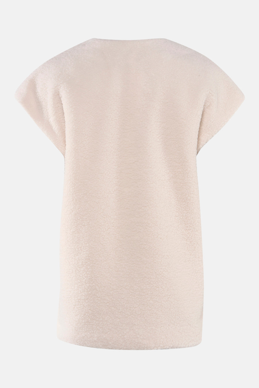 Beige jas van VILA®, met een zachte teddy textuur, zonder sluiting, gezien vanaf de achterkant.

