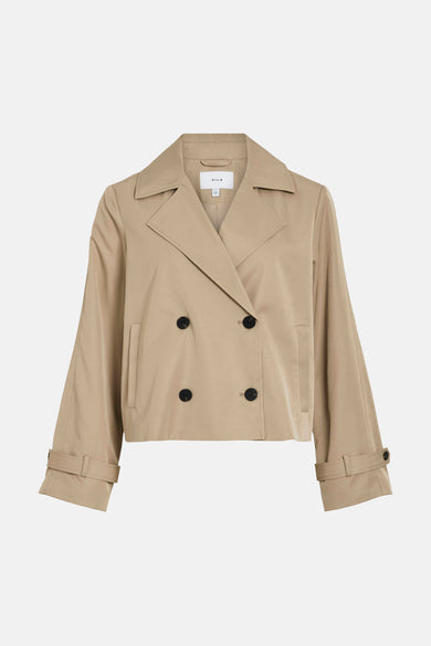 Manteau court beige de VILA avec double boutonnage et manches longues avec détail de ceinture.