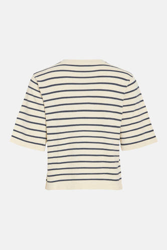 Beige T-shirt met korte mouwen van VILA®, met een gestreept patroon in donkerblauw.