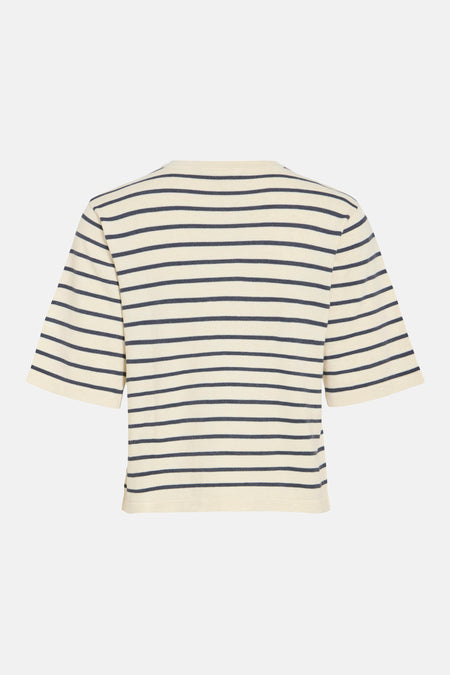 Beige T-shirt met korte mouwen van VILA®, met een gestreept patroon in donkerblauw.