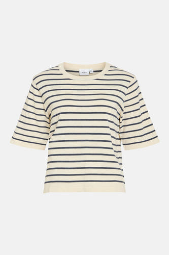 Beige T-shirt met korte mouwen van VILA, met horizontale donkerblauwe strepen.