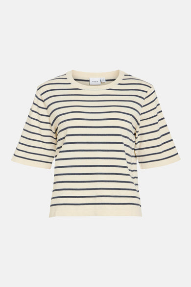 Beige T-shirt met korte mouwen van VILA, met horizontale donkerblauwe strepen.