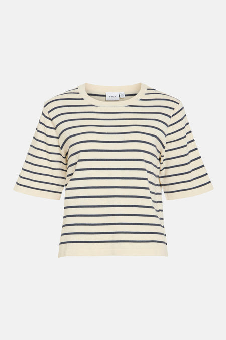 Beige T-shirt met korte mouwen van VILA, met horizontale donkerblauwe strepen.