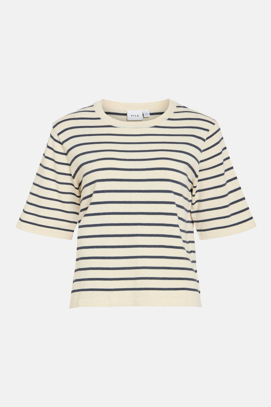 Beige T-shirt met korte mouwen van VILA, met horizontale donkerblauwe strepen.